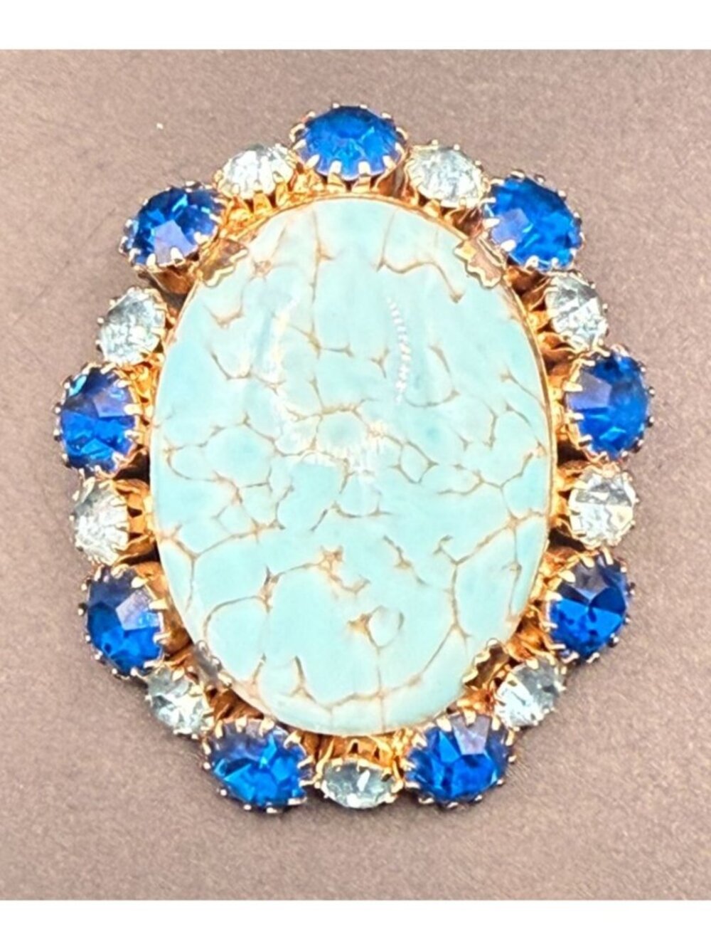 Vintage Faux Turquoise Brooch Blue Rhinestone Statement Pin Gold Tone Czech Styl